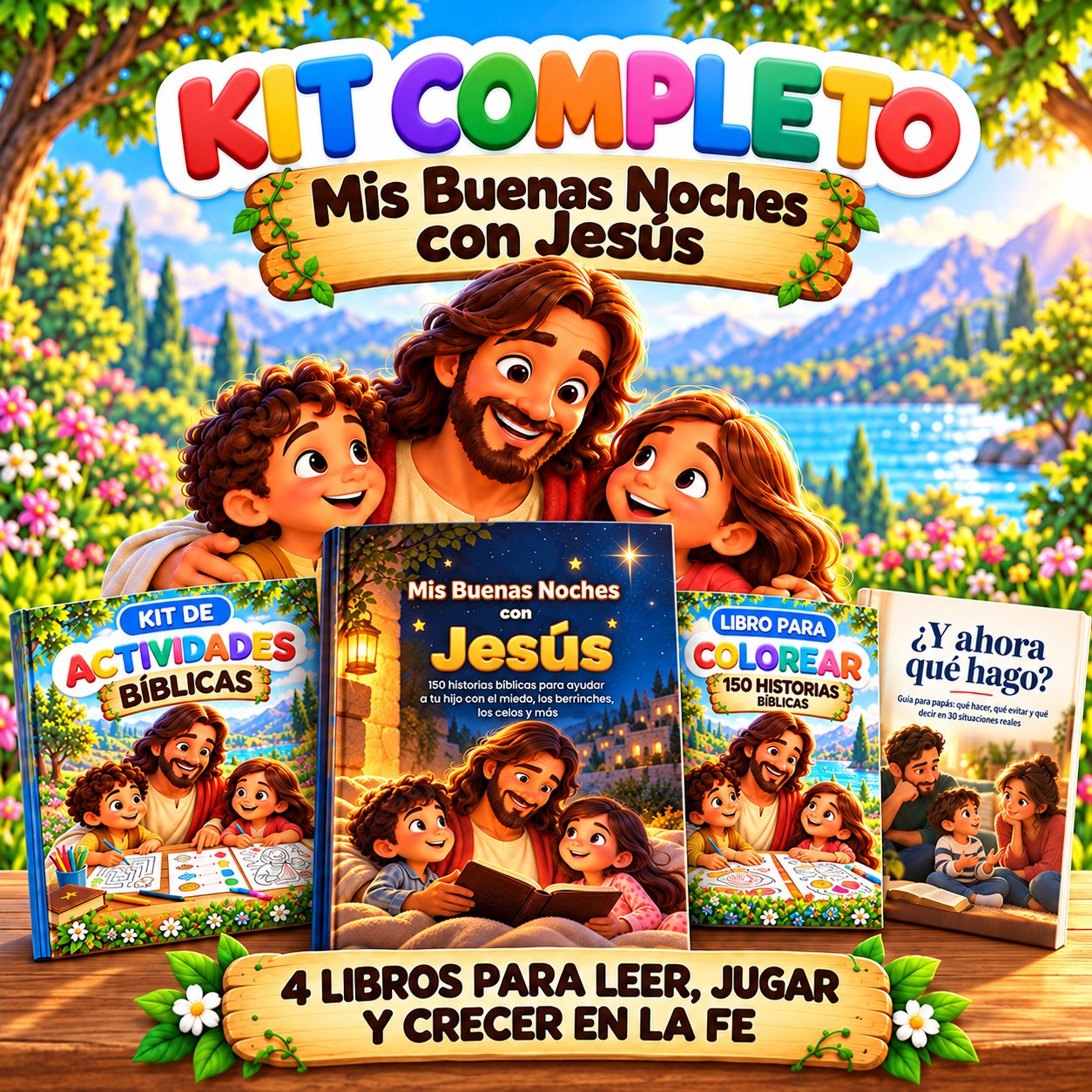 Kit Completo Mis Buenas Noches con Jesús: 4 libros para leer, jugar y crecer en la fe